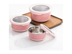 Juego de recipientes para alimentos Rebe Premium de acero inoxidable, 3 tamaños, antideslizantes, herméticos, sin BPA, color rosa.