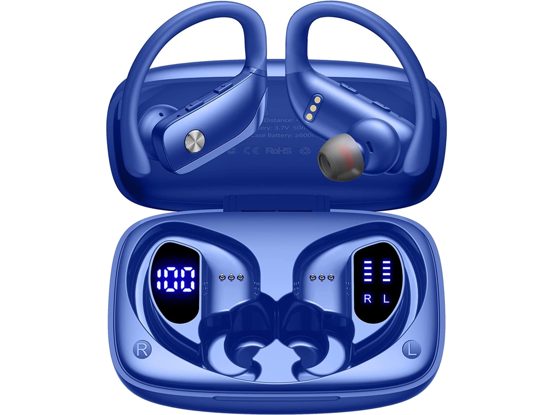 (azul) Auriculares Inalámbricos Bluetooth, Pantalla Led, Batería De 48 Horas De Duración, Ganchos Para La Oreja Y Micrófono