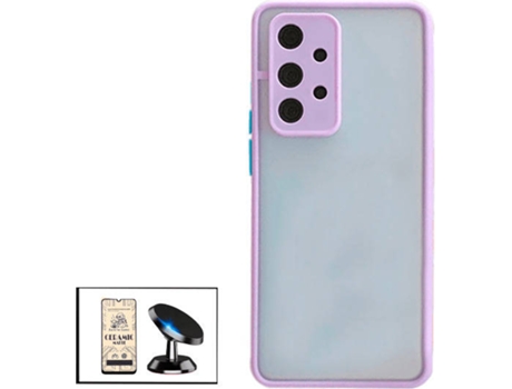 Kit Funda Antichoque, Cristal Templado CeramicGlass Full Cover y Soporte Magnético de Coche Samsung Galaxy M32 5G PHONECARE Lila