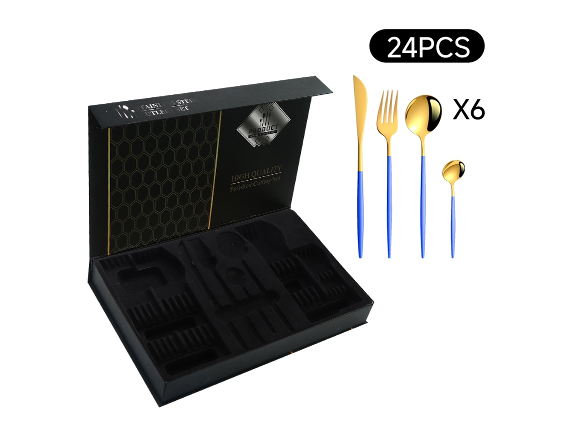 Juego de cubiertos de acero inoxidable de 24 piezas, azul y dorado, elegante caja con tapa abatible grande.