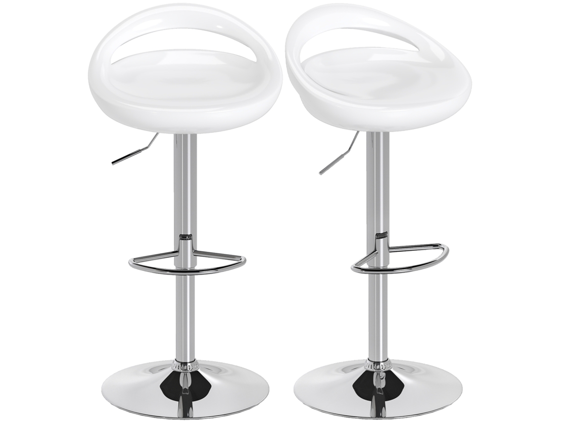 Par de taburetes de bar blancos de 46x41x76 pulgadas (96 cm), giratorios 360°, con respaldo y reposapiés, altura ajustable y base de acero.
