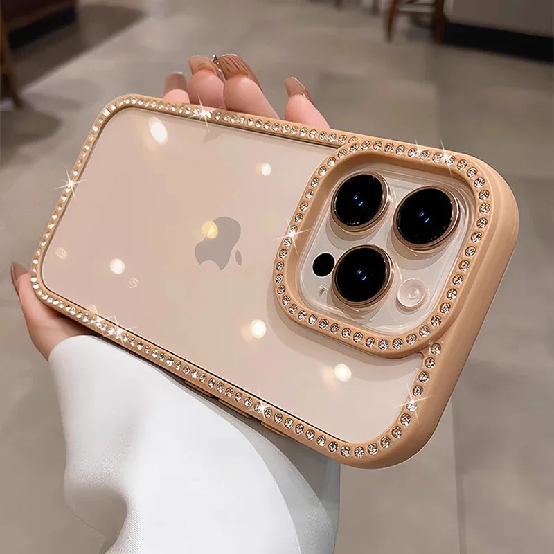 (iphone 16 Pro Max, Dorado) Funda Transparente Con Brillantes Diamantes De Imitación, Protección A Prueba De Golpes, Marco De Acrílico Rígido