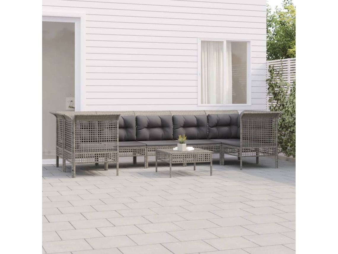 Conjunto de jardín de 8 piezas con cojines en mimbre gris, DKD Home Decor