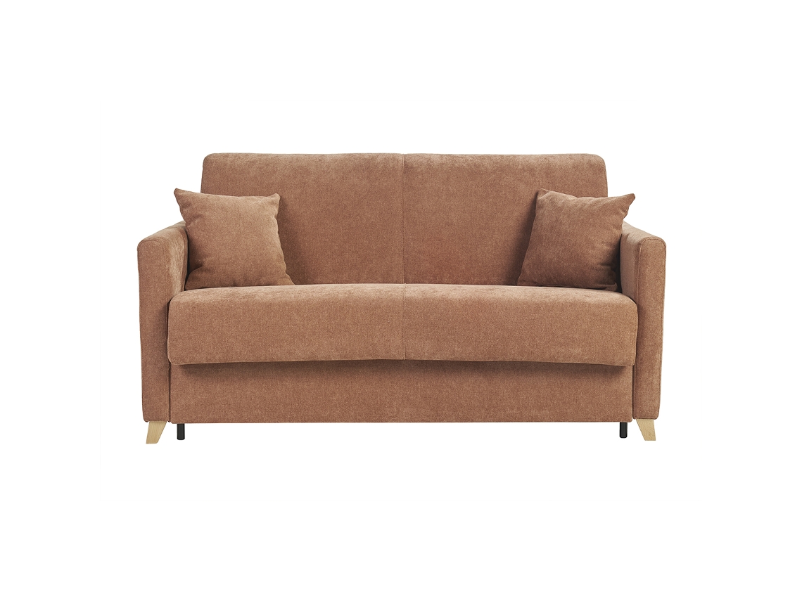 Sofá Cama De 3 Plazas Efecto Tela Terciopelo Tierra Quemada Y Madera Clara Con Colchón De 18 Cm Skandy Miliboo
