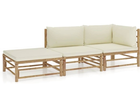 Conjunto 3 de muebles de jardín VIDAXL bambú y cojines blanco crema