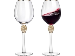 2 Copas De Vino Con Forma De Tulipán Adornadas Con Diamantes De Imitación, Tallo Largo, Vidrio Sin Plomo, Acabado Dorado.