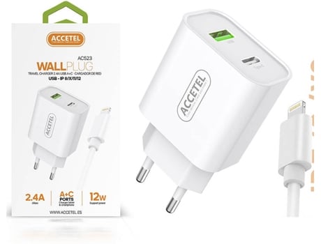 Kit Cargador para iPhone 12 Mini ACCETEL AC523 (2.4A - Lightning - Blanco)