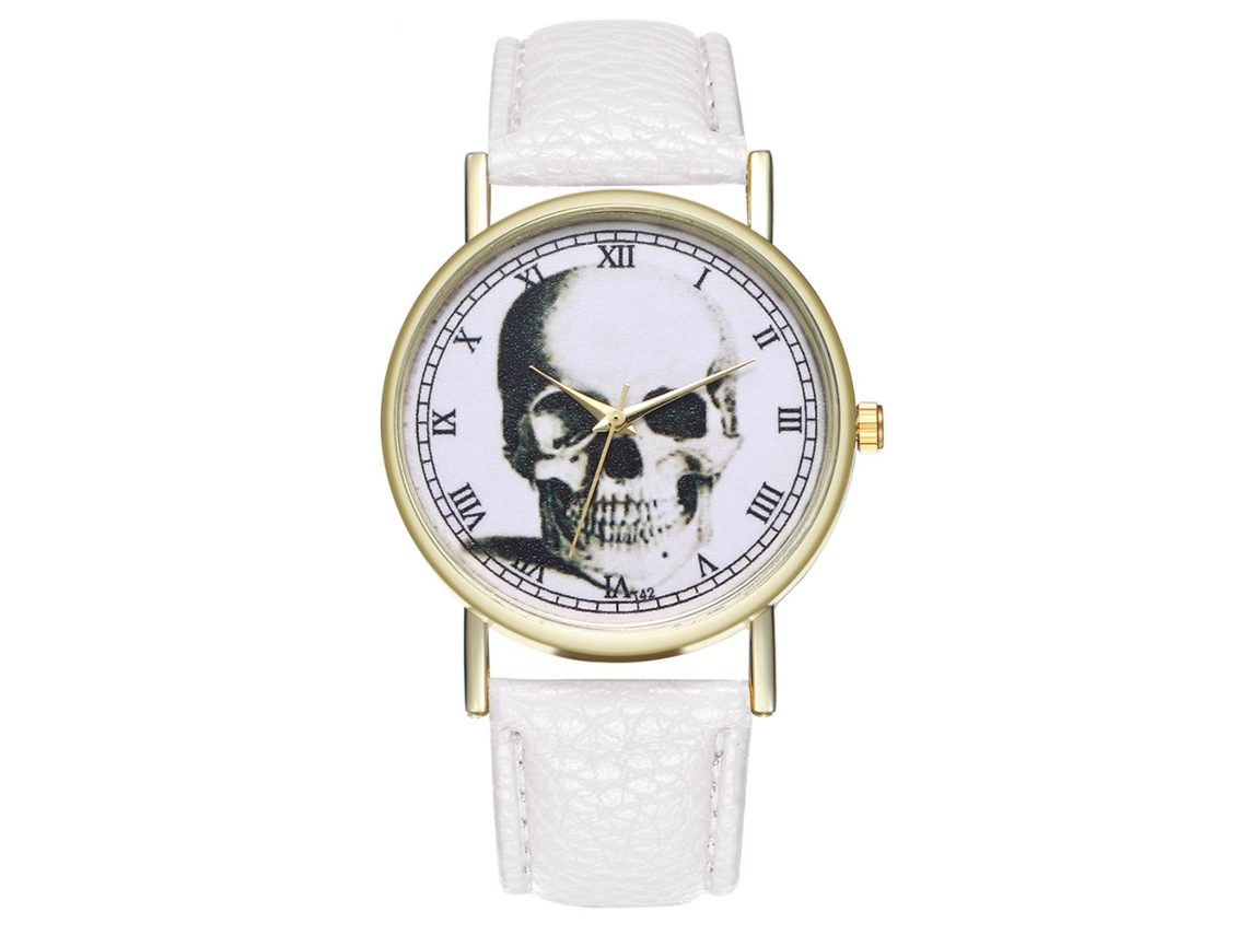 Reloj Casual De Cuero Pu Con Calavera Y Números Romanos Para Mujer Y Hombre (blanco)