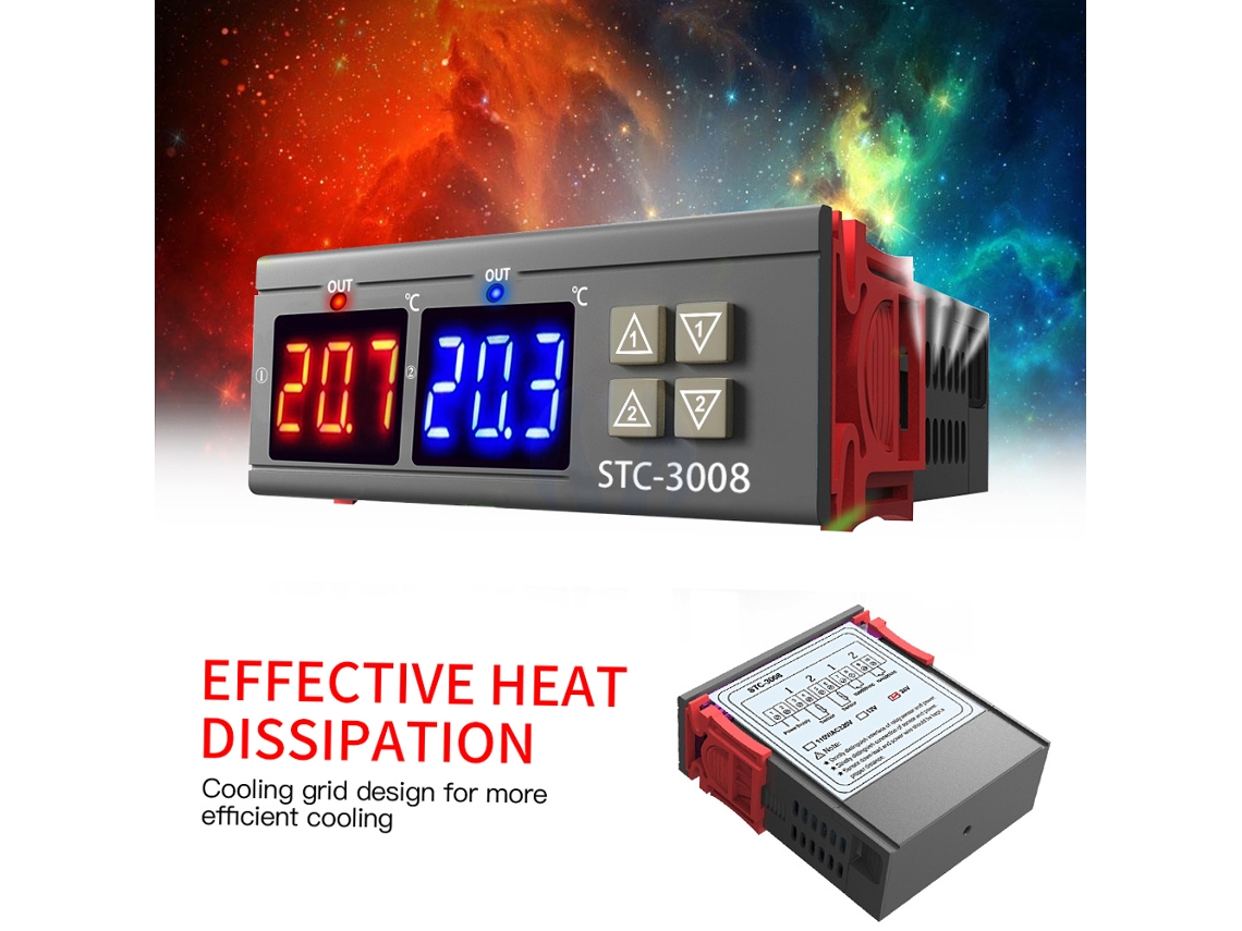 Controlador De Temperatura Con Doble Pantalla, Termostato Regulador Con 2 Sondas Ntc, 24 V Para Incubadora/refrigerador.