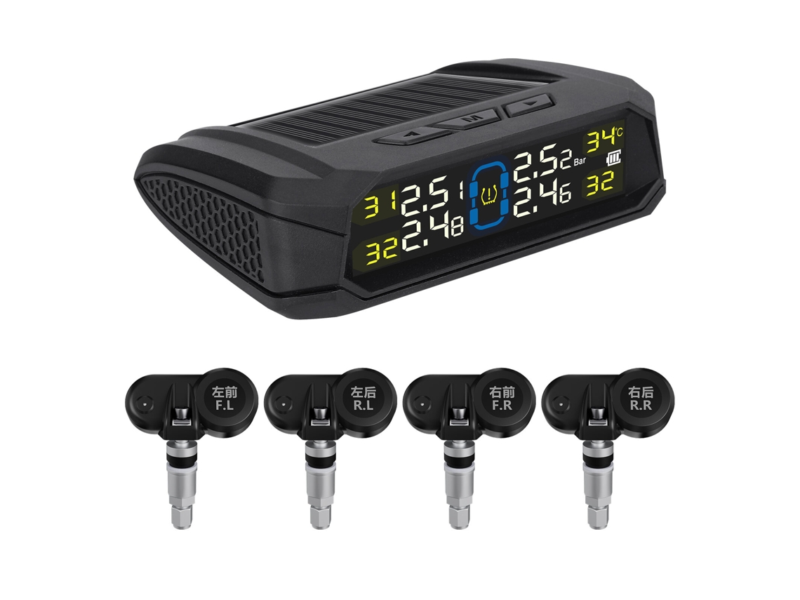 Sistema de monitoreo de presión de neumáticos inalámbrico para interiores con energía solar TPMS de 433,92 MHz con pantalla LED y 4 sensores en tiempo real.