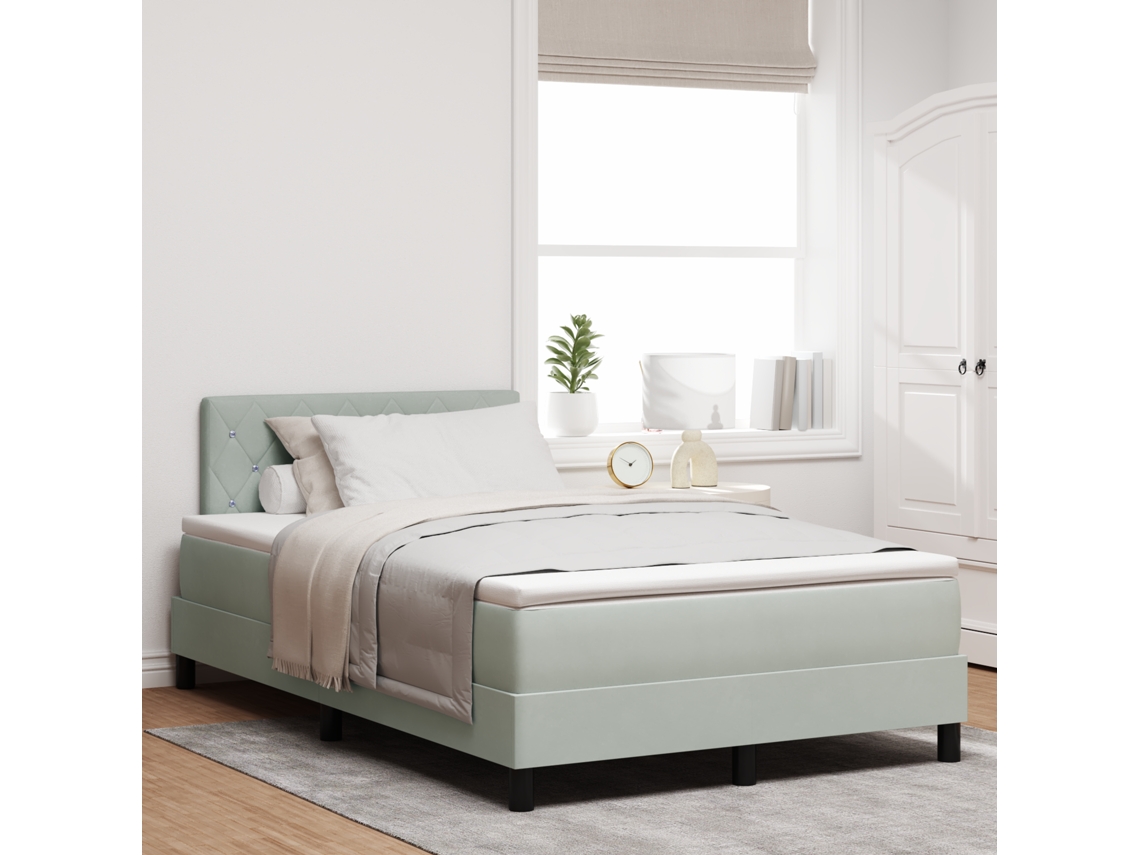 Cama Box Spring Con Colchón Terciopelo Gris Claro 120x190 Cm