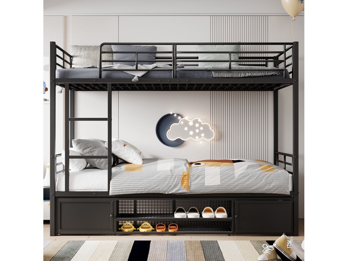 Litera de hierro de 90 x 200 cm con zapatero y escalera negra