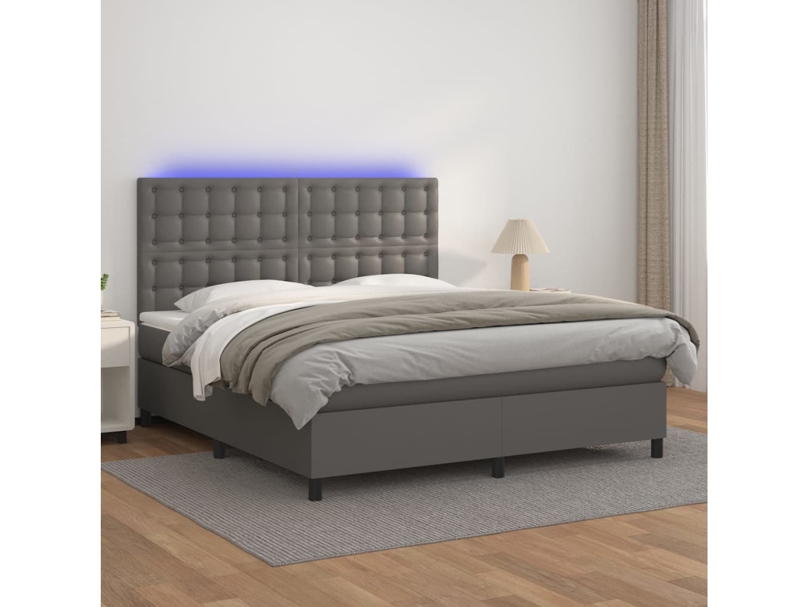 Cama Box Spring Colchón Y Led Cuero Sintético Gris 160x200 Cm
