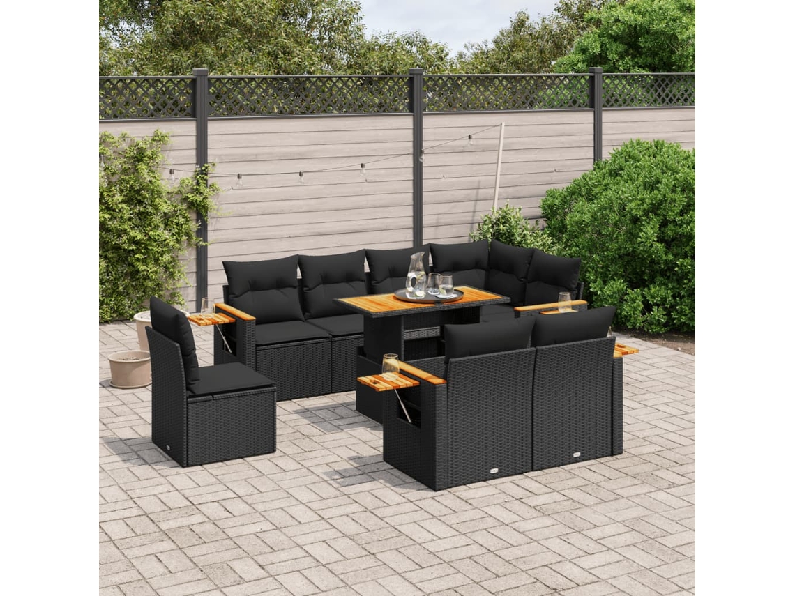 Conjunto de sofás de jardín de 9 piezas DKD Home Decor con cojines de mimbre negros