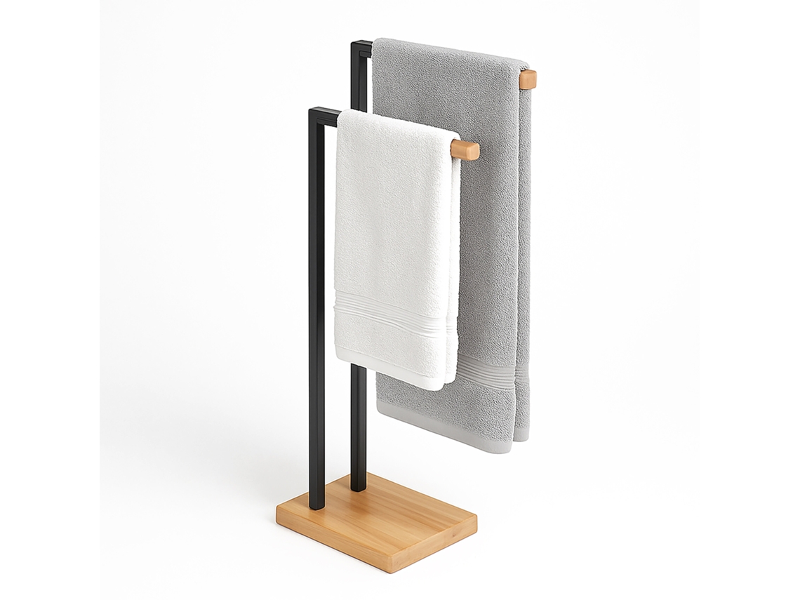 Relaxdays Toallero De Pie, Toallero Con 2 Brazos, Para Toallas De Mano Y Baño, Hierro Y Bambú, Negro/natural
