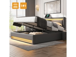 Cama De 140x190 Con Usb, Conexión Inalámbrica, Led Y Acabado En Poliuretano Gris.