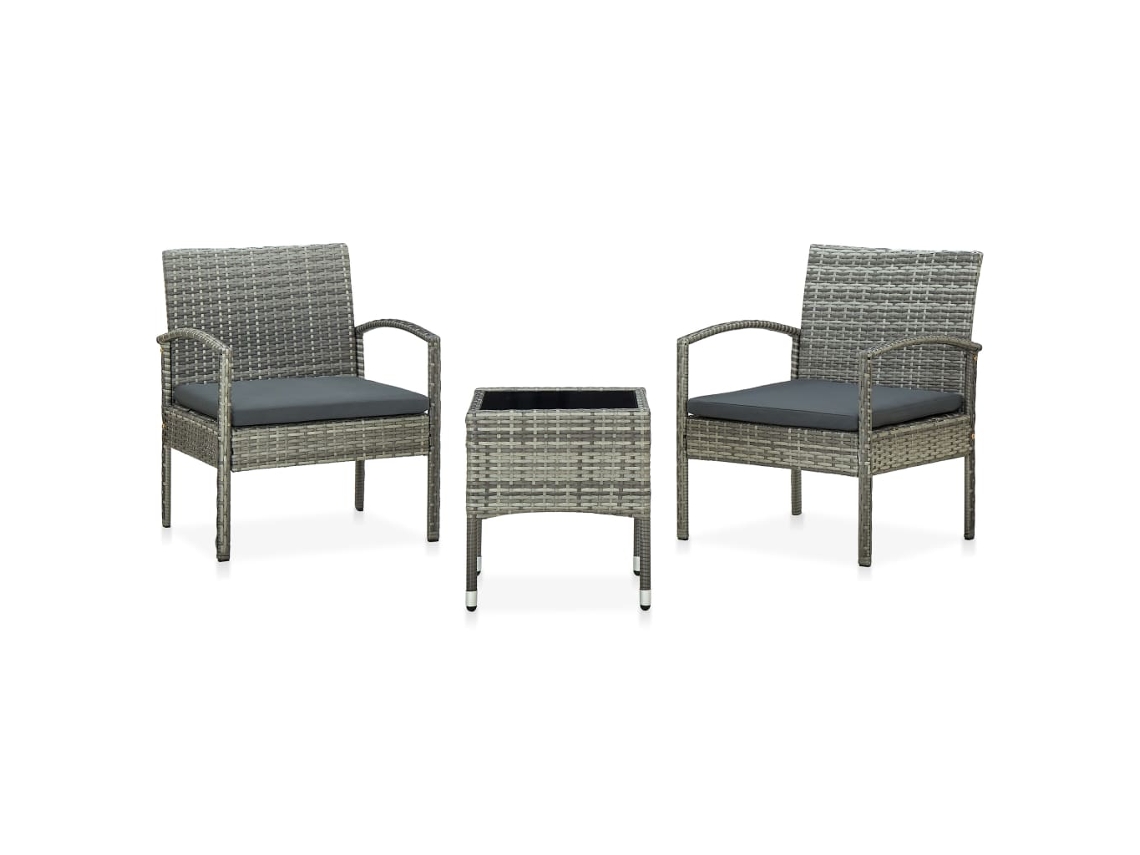 vidaXL Set de muebles bistro de jardín 3 piezas cojines ratán PE gris