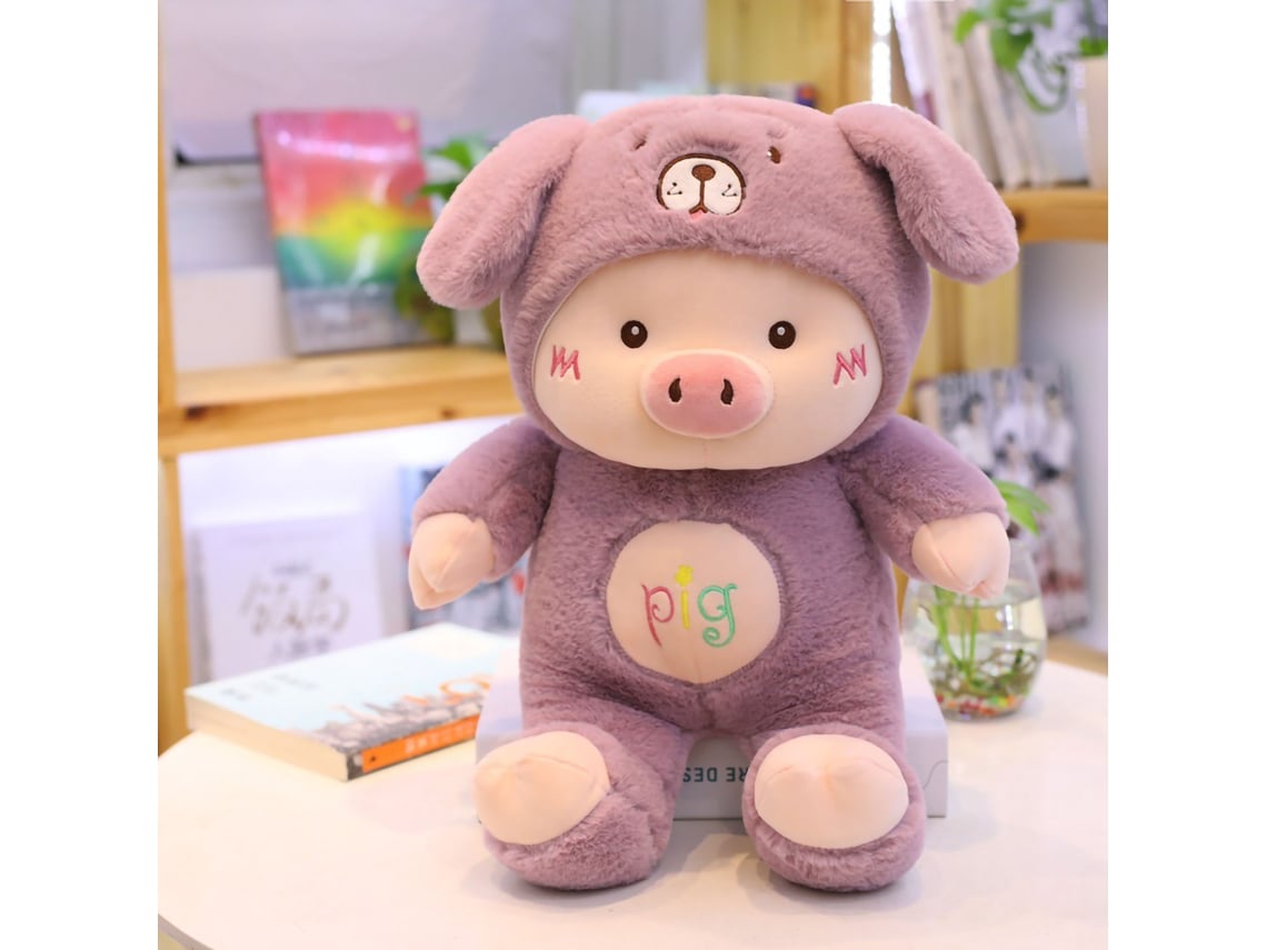 Ats-juguete De Cerdo Con Gorro De Oso Embroiderado Forma Cartoon Relleno De Algodón Pp Amigable Para La Piel Peluche Morado 30cm