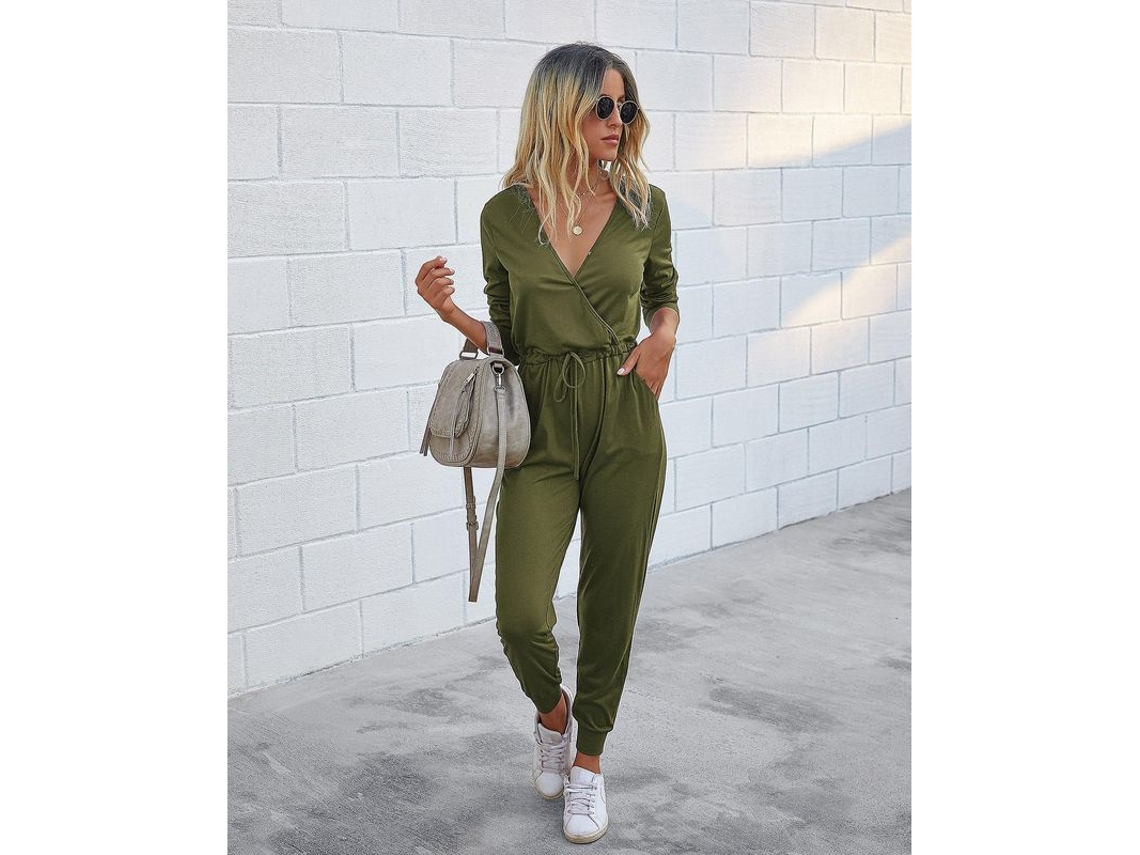 Mono De Mujer Europeu E Americana Slim Fit De Cor Verde Exército Com Cintura Alta E Tecido De Cachemira