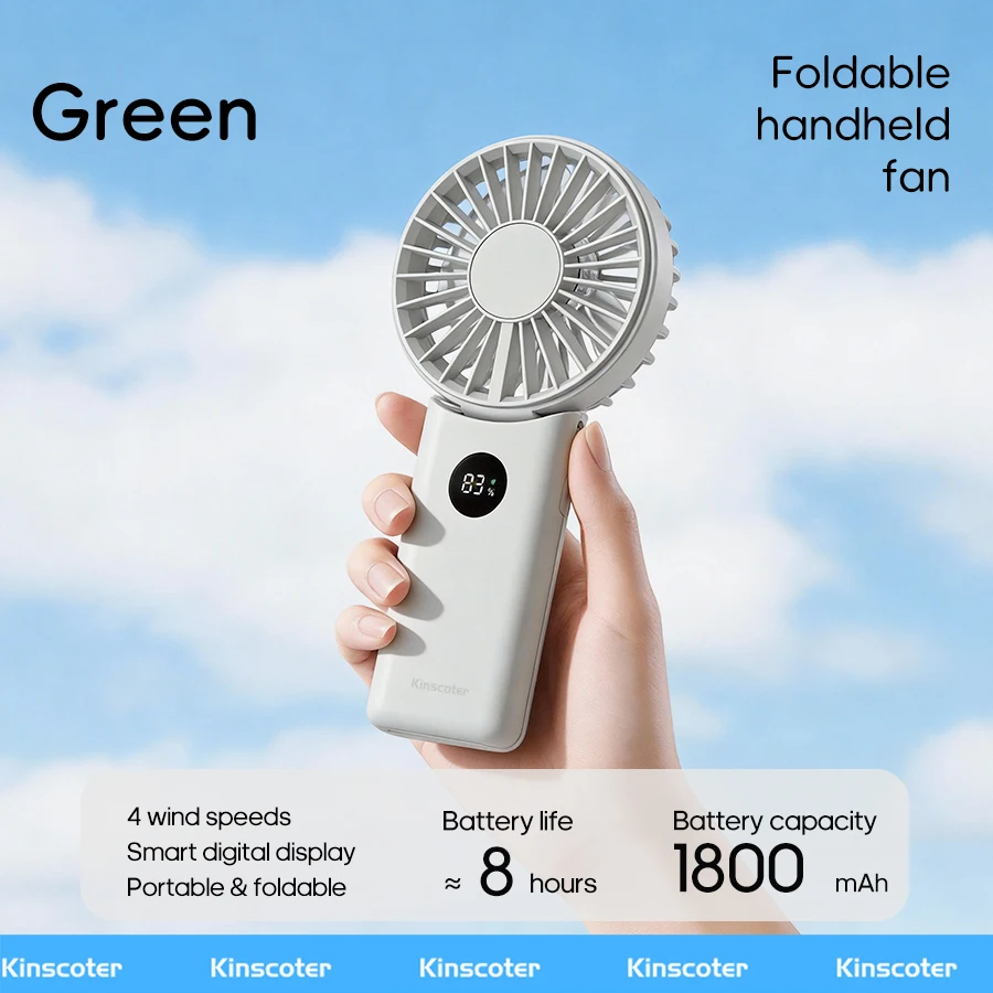 (verde) Mini Ventilador Portátil Plegable De Mano, Batería De 1800 Mah, Pantalla Led, 4 Velocidades De Viento, Ángulo Ajustable.