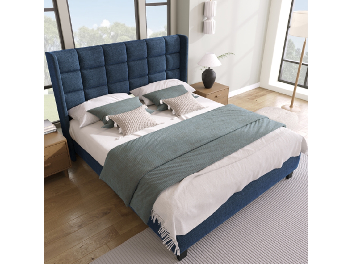 Cama Tapizada Con Cabecero Acolchado, Cama De Matrimonio Con Somier De Láminas, 140x200cm, En Lino Azul, Firmeza Media (sin Colchón)