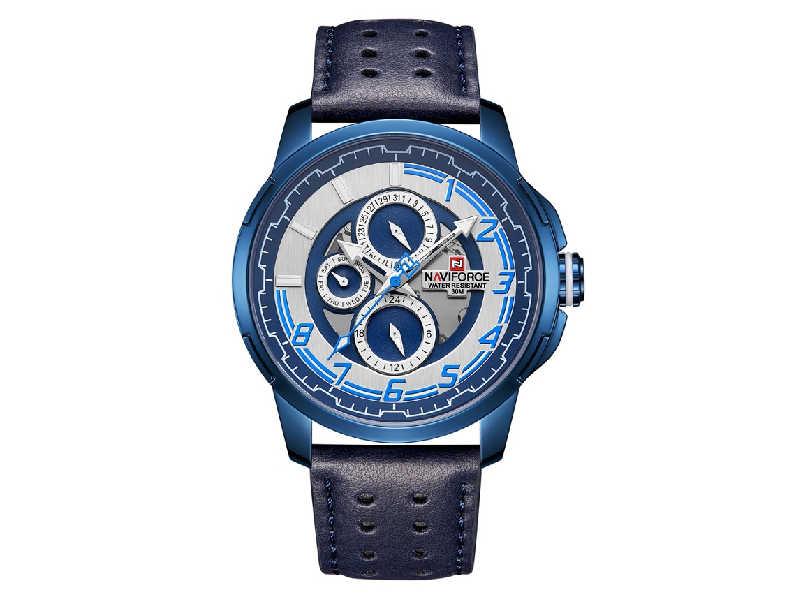 Reloj De Pulsera De Cuarzo Para Hombre Naviforce, Estilo Casual Y Formal, Con Correa De Pu Azul.
