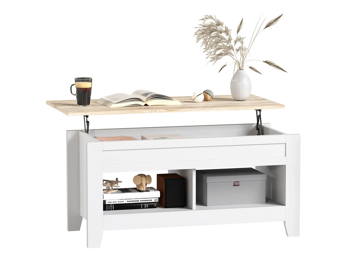 Mesa De Centro Elevable, Mesa De Salón Con Estantes Y Compartimento Oculto, 105 X 50 X 49-62,5 Cm, Blanca