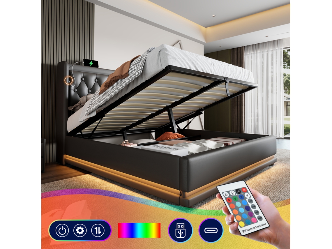 Cama De Poliuretano Negra De 140x200 Con Led Y Usb-c