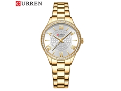 Reloj MDUG moderno con pedrería y brazalete de acero, estilo casual y relajado (dorado y blanco).
