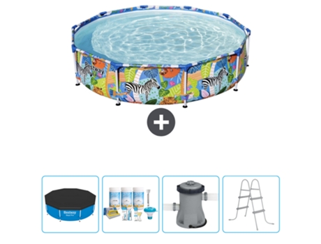 Piscina BESTWAY Round Steel Pro - 305 x 66 cm - Estampado Selva - Incluida Cubrir - Paquete de mantenimiento - Bomba - Escalera