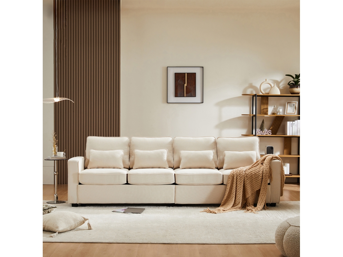 Sofá Fijo De 4 Plazas En Tejido De Lino - Con Bolsillos Laterales - Beige