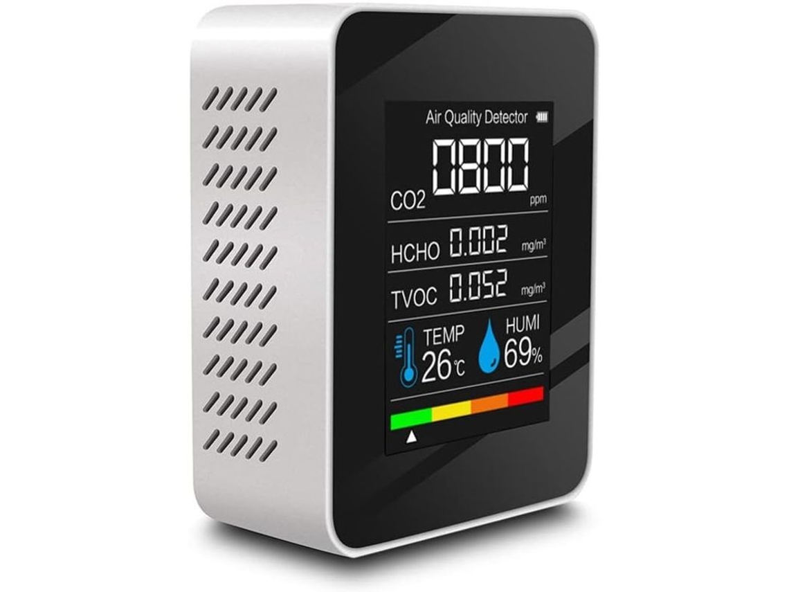 Detector De Calidad Del Aire Multifuncional Co2 Tvoc Hcho Temperatura Humedad Pantalla Lcd Blanco