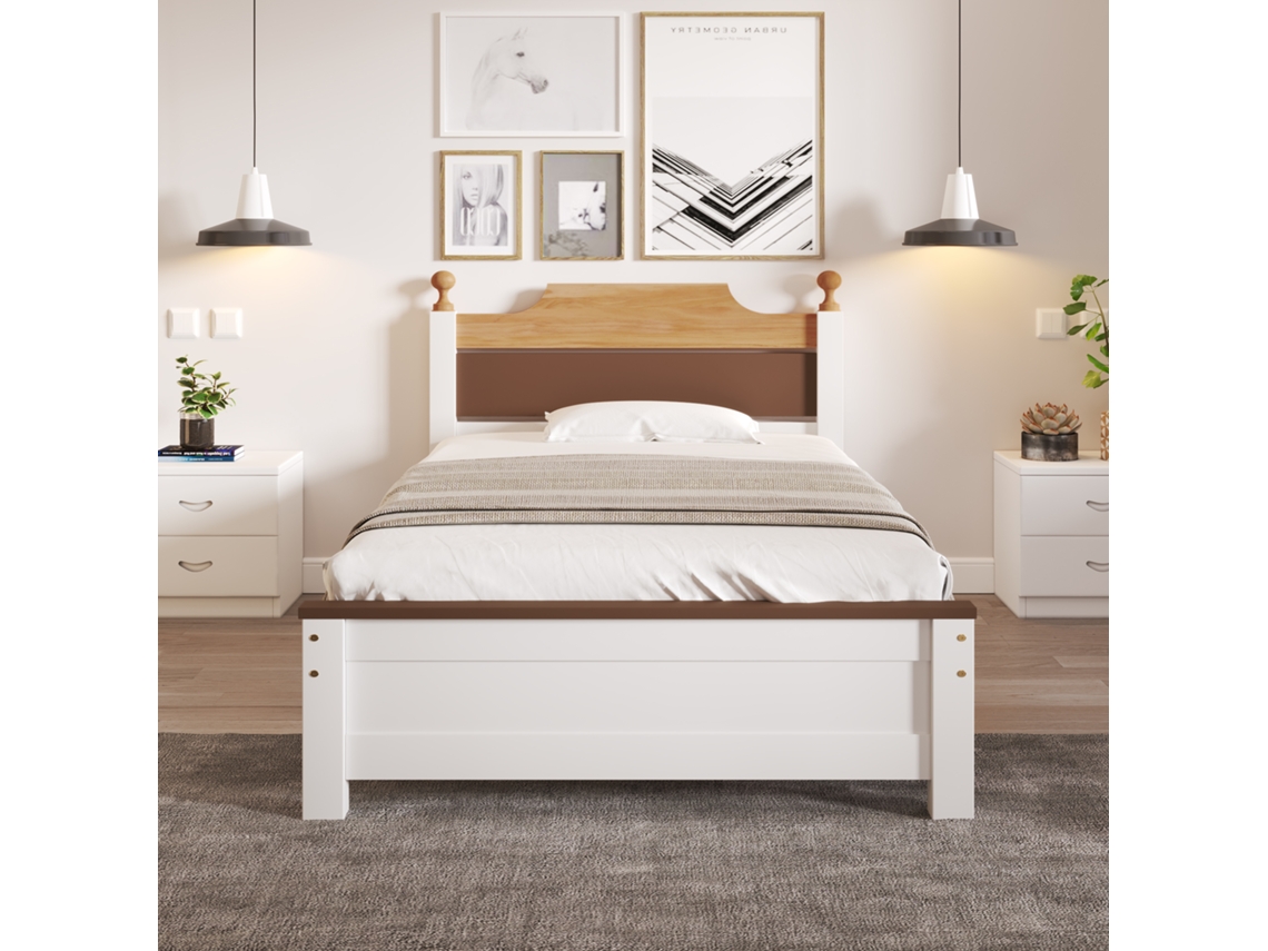 Cama Individual De Pino, 90x200 Cm, Cabecero De Mdf Blanco, Cama Moderna.