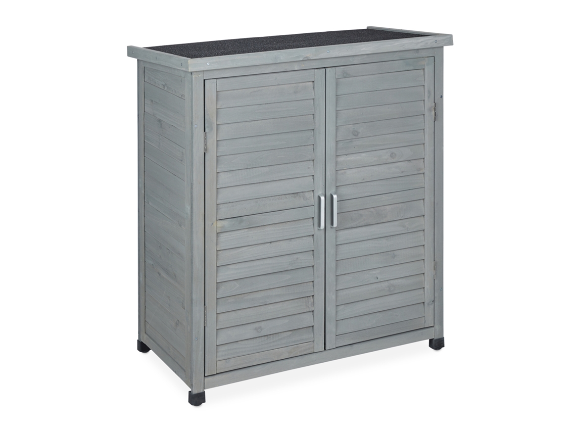 Relaxdays Armario Exterior 3 Baldas, Cobertizo Techo Inclinado, 2 Puertas, Herramientas, Madera, 97x86,5x47cm, Gris