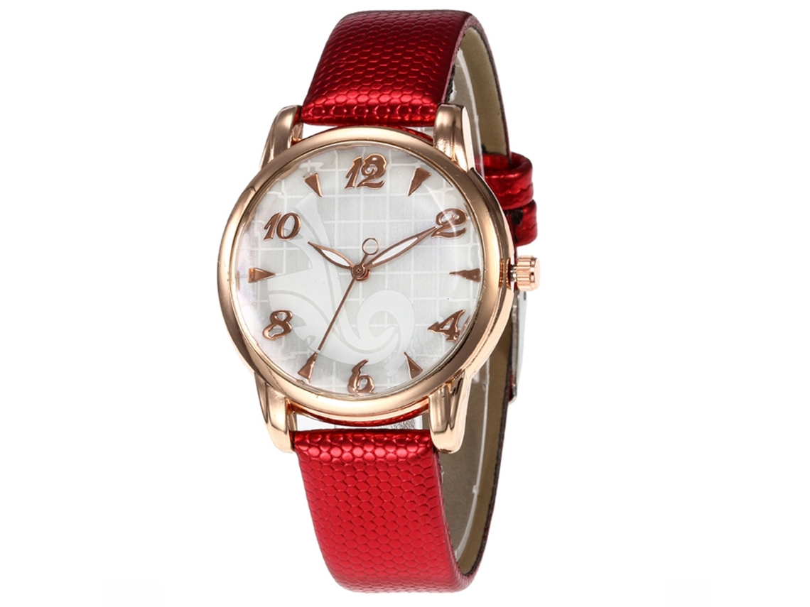 Reloj De Pulsera Mujer Con Correa Pu Causal Dial Redondo Números Dorados Rojo