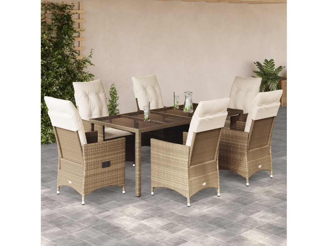 Juego de comedor de jardín de 7 piezas con cojines, mimbre sintético beige, DKD Home Decor