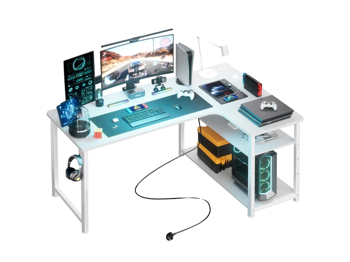 Escritorio para videojuegos, diseño en forma de L, carga USB integrada, blanco.