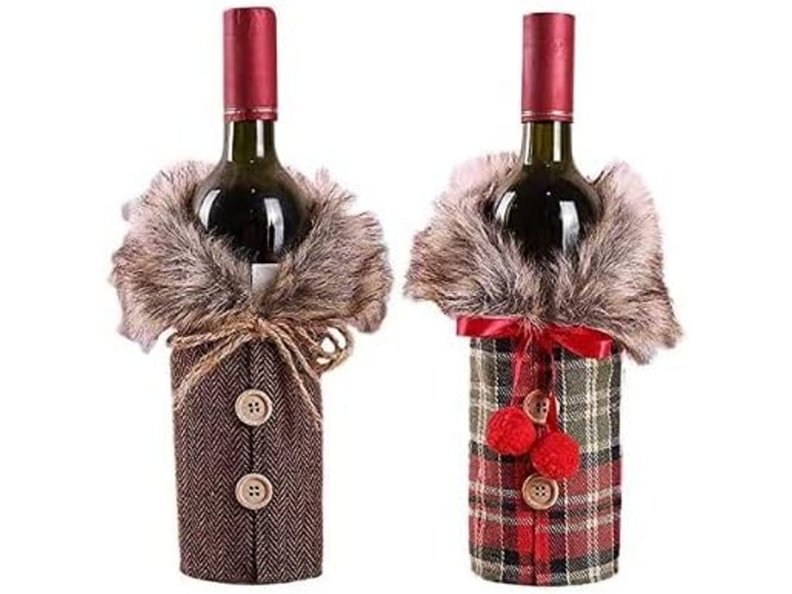 Decoraciones navideñas para botellas de vino - Juego de 2 - Tela lavable para mesa