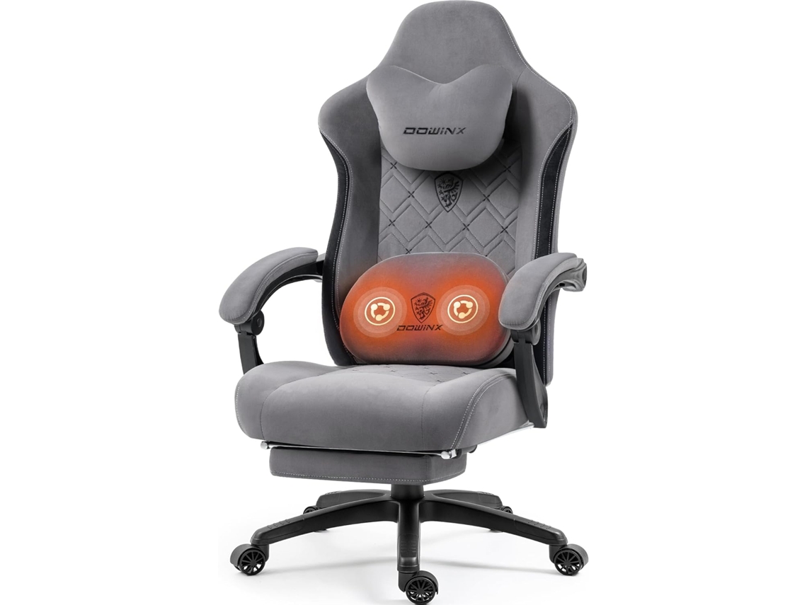 Silla gaming Dowinx con masaje lumbar y calefacción, reposapiés incluido, reclinación de 155°, soporta hasta 158 kg, color verde.