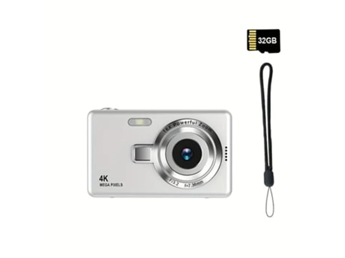 Cámara digital portátil Panoona 4K HD con enfoque automático, tarjeta de memoria de 32 GB y luz de relleno (plateada)