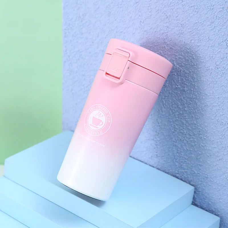 Taza de acero inoxidable (rosa degradado, 510 ml) para café, botella térmica para el coche, taza de doble función para mantener la comida caliente y fría.