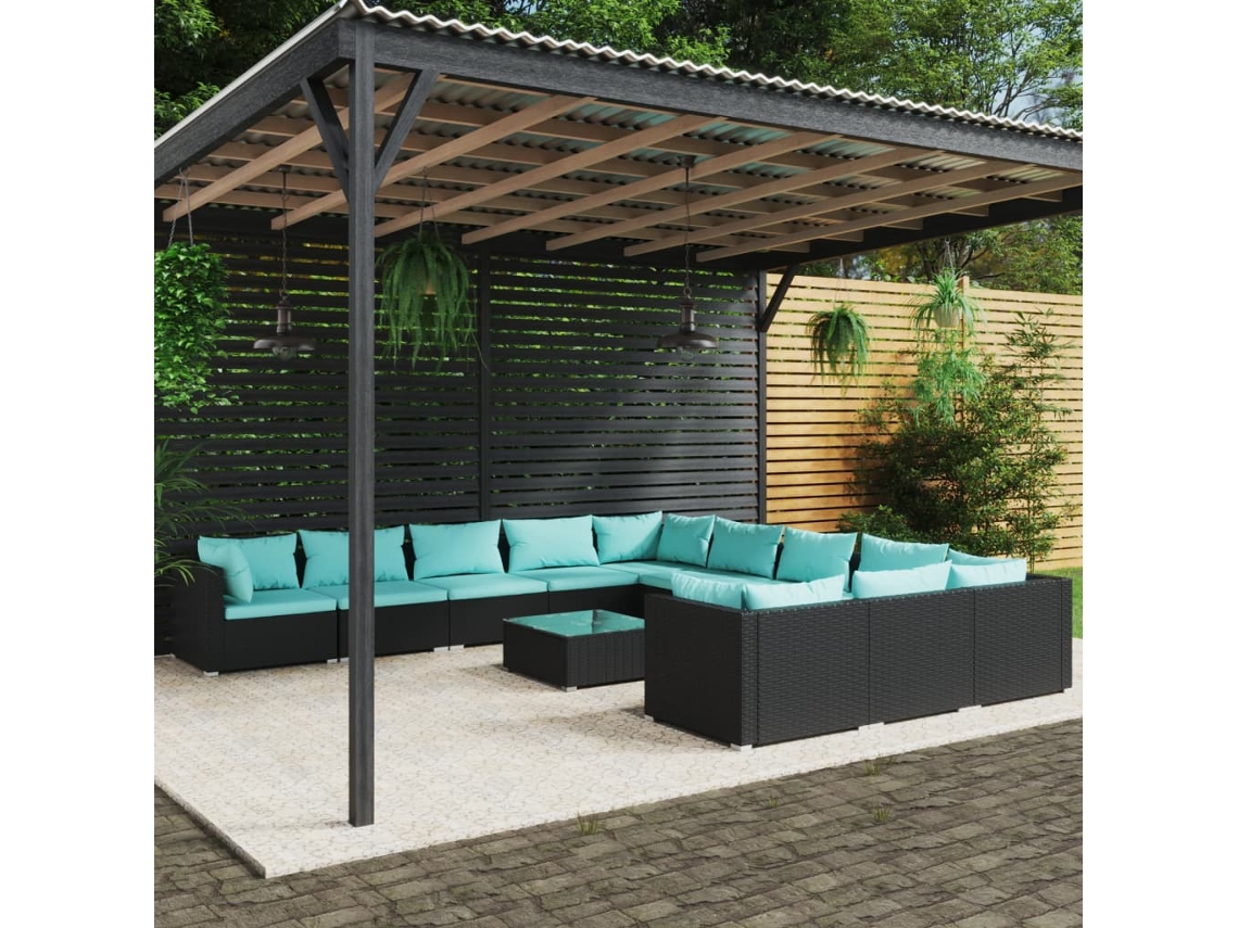 Conjunto de jardín DKD Home Decor de 12 piezas con cojines de mimbre negros