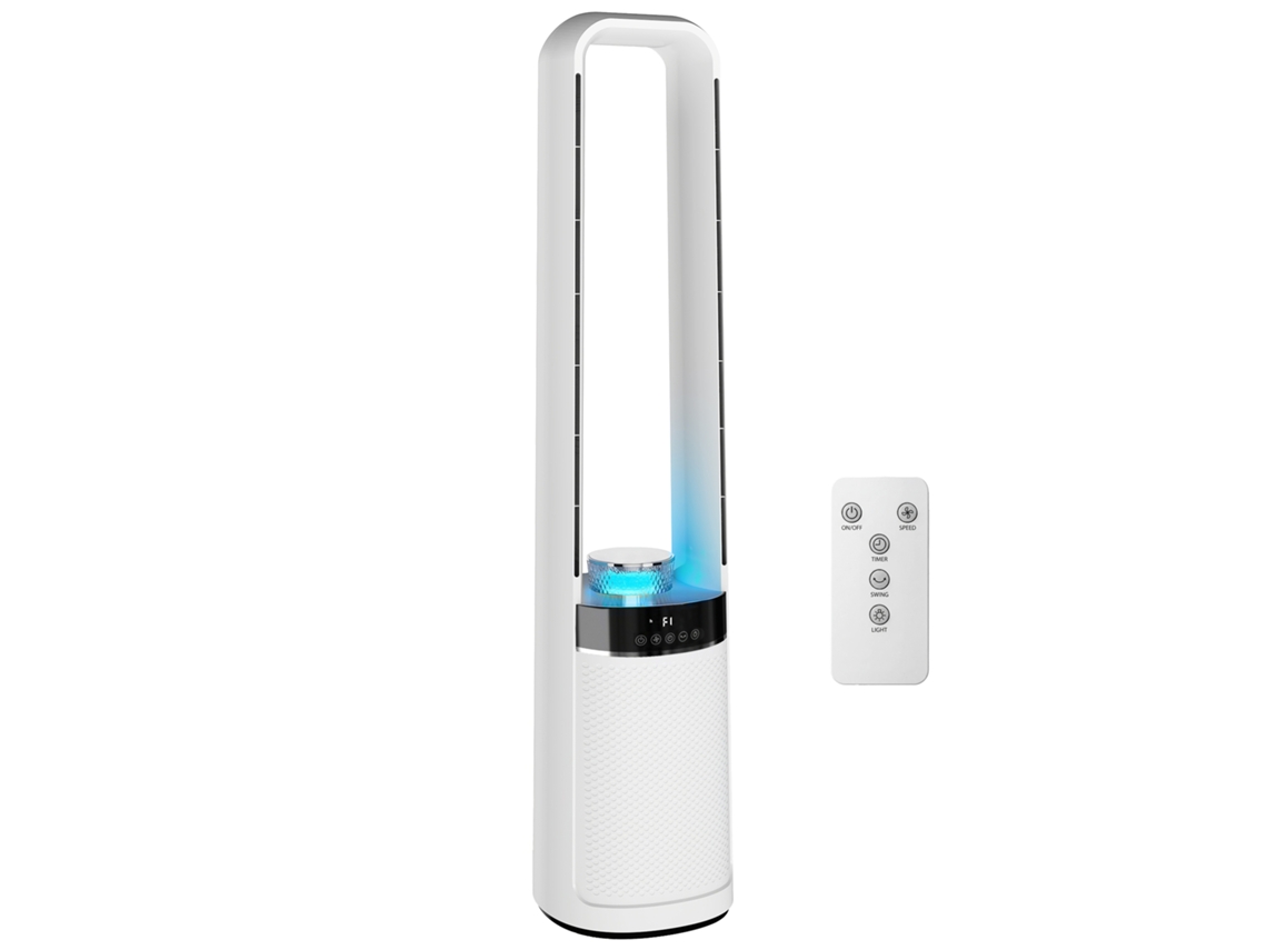 Ventilador De Torre Sin Aspas, Oscilación 45°, Luz Led, 3 Velocidades, Temporizador 12h, Mando A Distancia