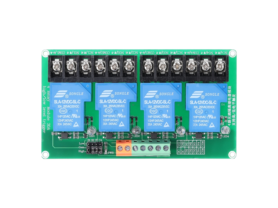 Módulo De Relé 4 Canales 30a Con Aislamiento Optocoplador, Compatible Con 5v 12v 24v, Alta Y Baja Activación