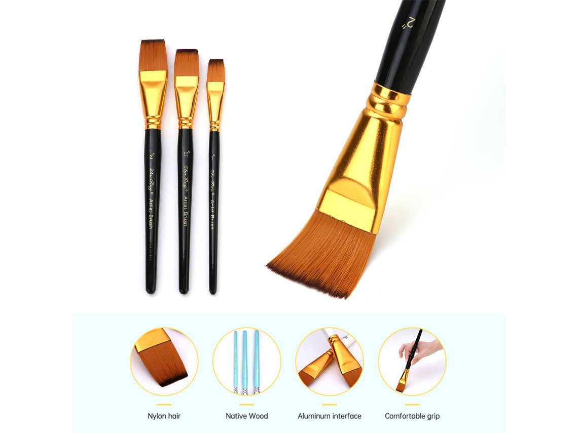 Conjunto de 3 Pincéis Planos de Náilon com Punho de Madeira Curto para Tinta Acrílica Gouache Óleo Artista Iniciante