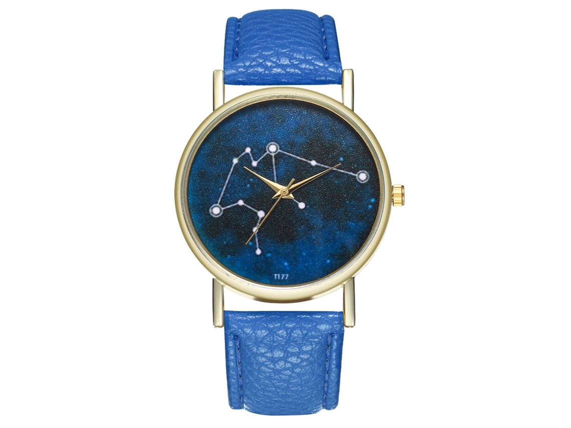 Reloj De Pulsera De Cuarzo De Moda Con Correa De Cuero Y Esfera De Zafiro Azul Cielo Estrellado Para Mujeres Y Hombres.