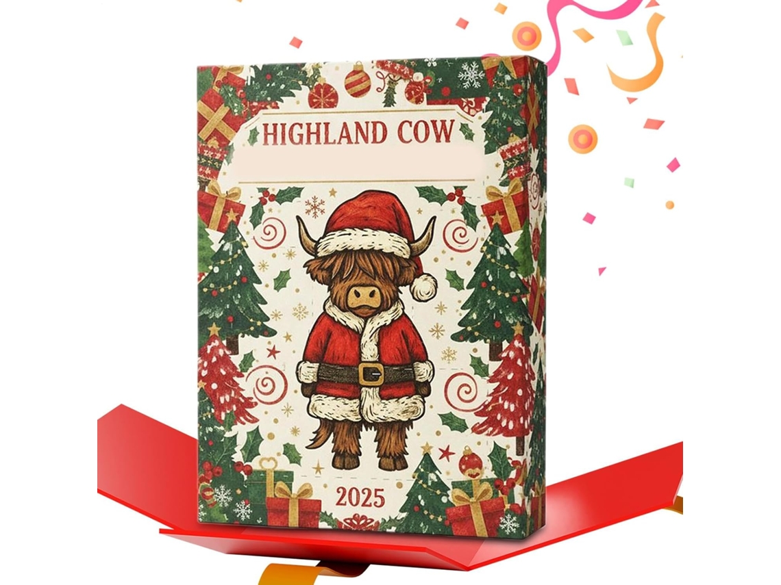 Calendario de Navidad en acrílico 2D con vacas de las Tierras Altas y animales.