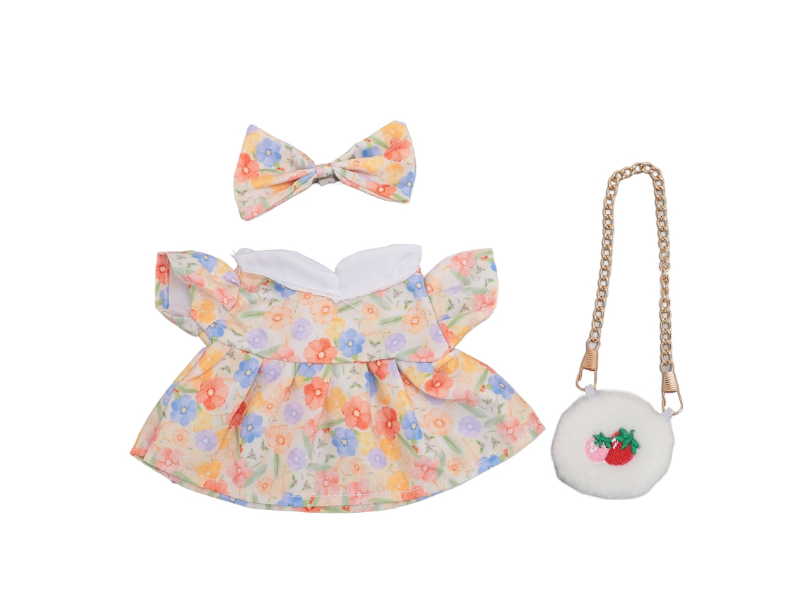 Ropa Para Muñeca De Peluche De 20 Cm - Vestido Con Lazo Y Bolso - Color Fresa - Algodón Y Tela