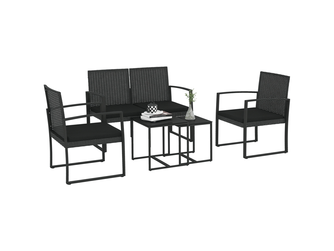 Conjunto De Ratán De 4 Piezas: Sofá, 2 Sillones, 2 Mesas, Color Negro.