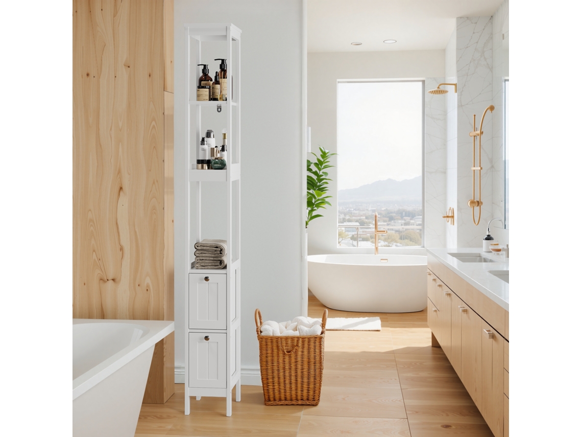 Armario Alto Baño 20x30x160 Cm - Estrecho, 2 Cajones, 3 Estantes - Blanco
